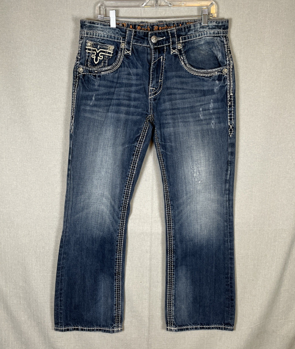 Rock Revival Jasper Boot Cut Jeans Pants Mens Size 34 Distressed Blue 34x30